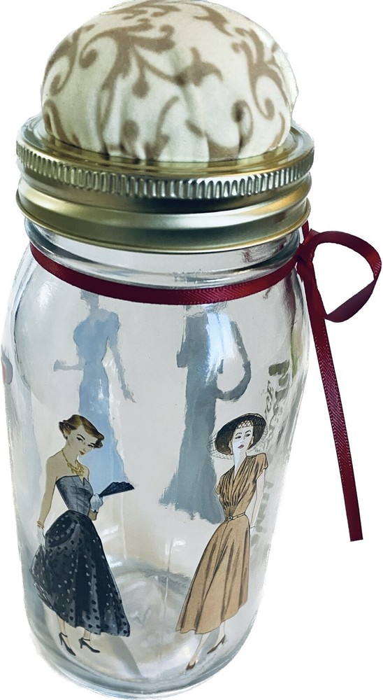 SIMPLICITY VINTAGE STORAGE JAR WITH PIN CUSHION TOP. BUTTON THREAD STORAGE
