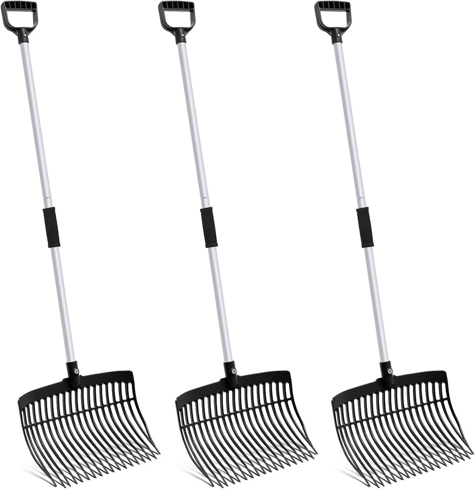 3 Sets Black Manure Fork with Long Metal Handle Pitch Fork Manure Rake Heavy Dut