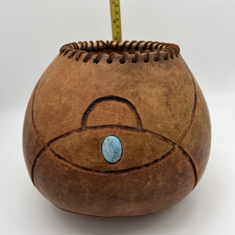 Handmade Decorative Gourd With Blue Accent And Leather Trim