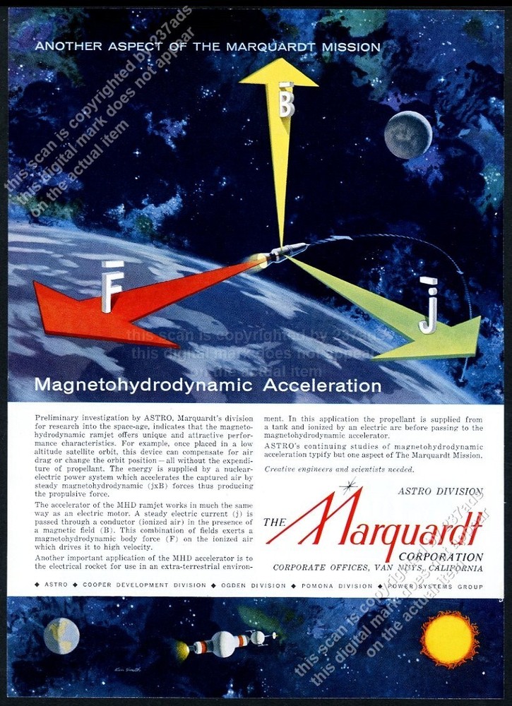 1960 sci fi future MHD ramjet rocket outer space art Marquardt vintage print ad