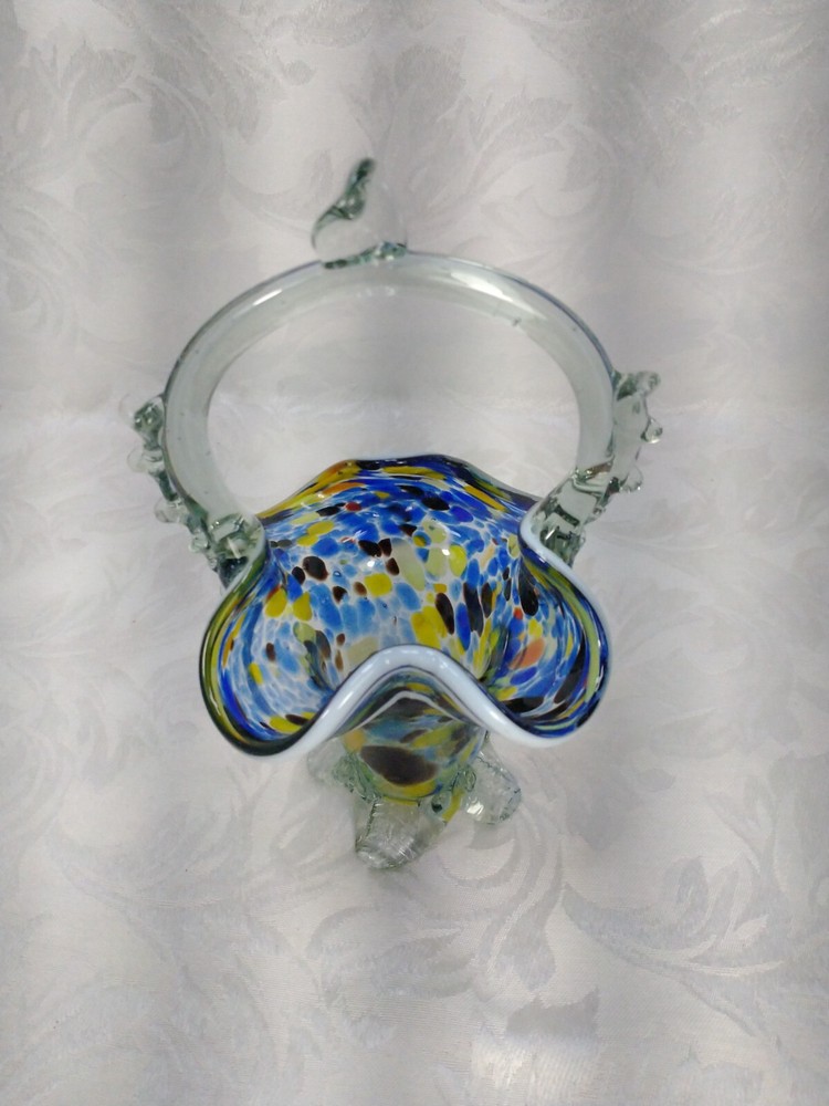 Hand Blown Multi Colored Glass Footed Basket 6.5” Tall