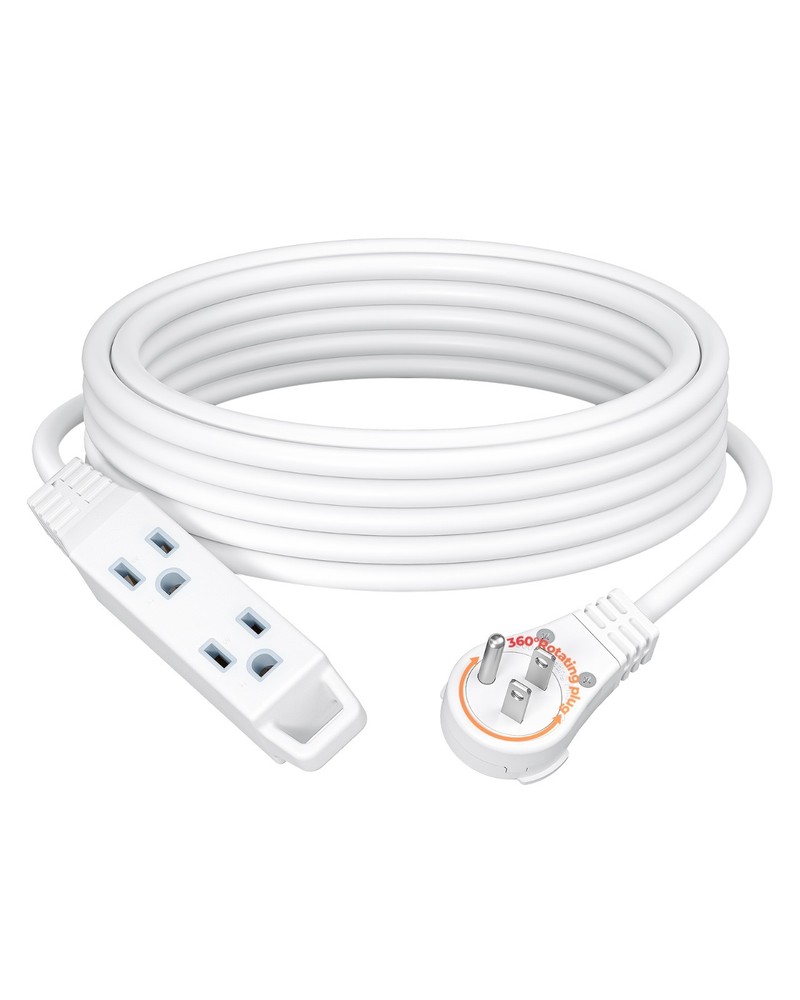 DEWENWILS 25FT Flat Plug Extension Cord 360 Rotating 3 Outlet White ETL