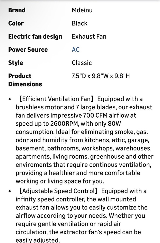 New 8" Exhaust With Speed Control, CFM Wall Mount