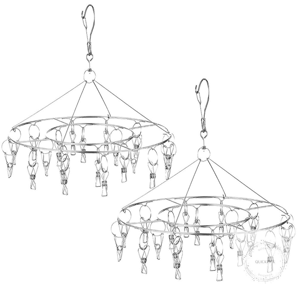 2 Pack Stainless Steel Round Hanging Drying Rack with 20 Clips for Drying Socks,