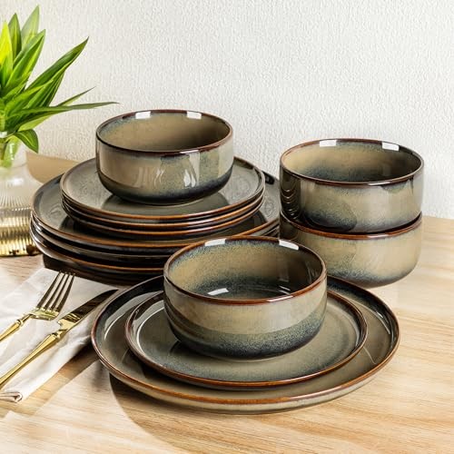 Ceramic Dinnerware Sets for 4, 12 Pieces Handmade Service for 4 Coca Mocha