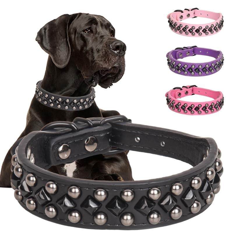 XL Black Spiked Studded Dog Collar Soft PU Leather Adjustable Pet Collars