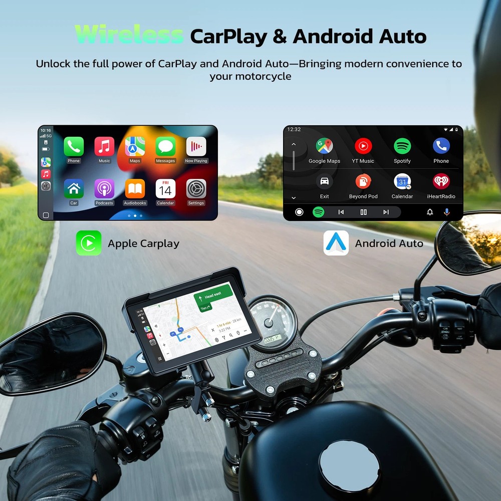 Motorcycle 7" GPS Navigator Wireless CarPlay Android Auto Dual Bluetooth Camera