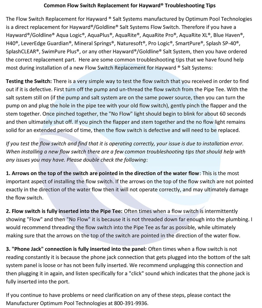 Flow Switch Assembly Kit Without Tee Compatible Replacement for Hayward®...