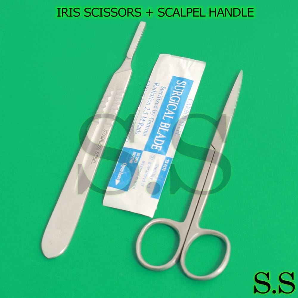 IRIS MICRO SCISSORS STRAIGHT 4.5" + SCALPEL HANDLE #4 + 5 SURGICAL BLADES #21