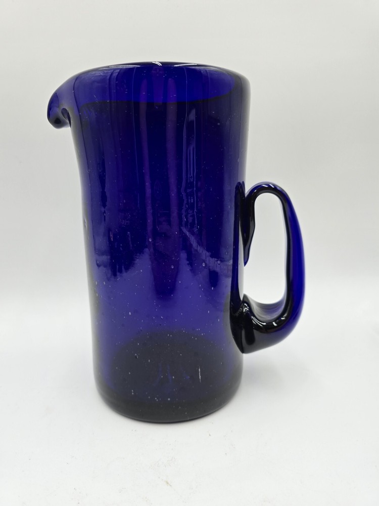 Hand Blown Cobalt Blue Glass Pitcher 9”