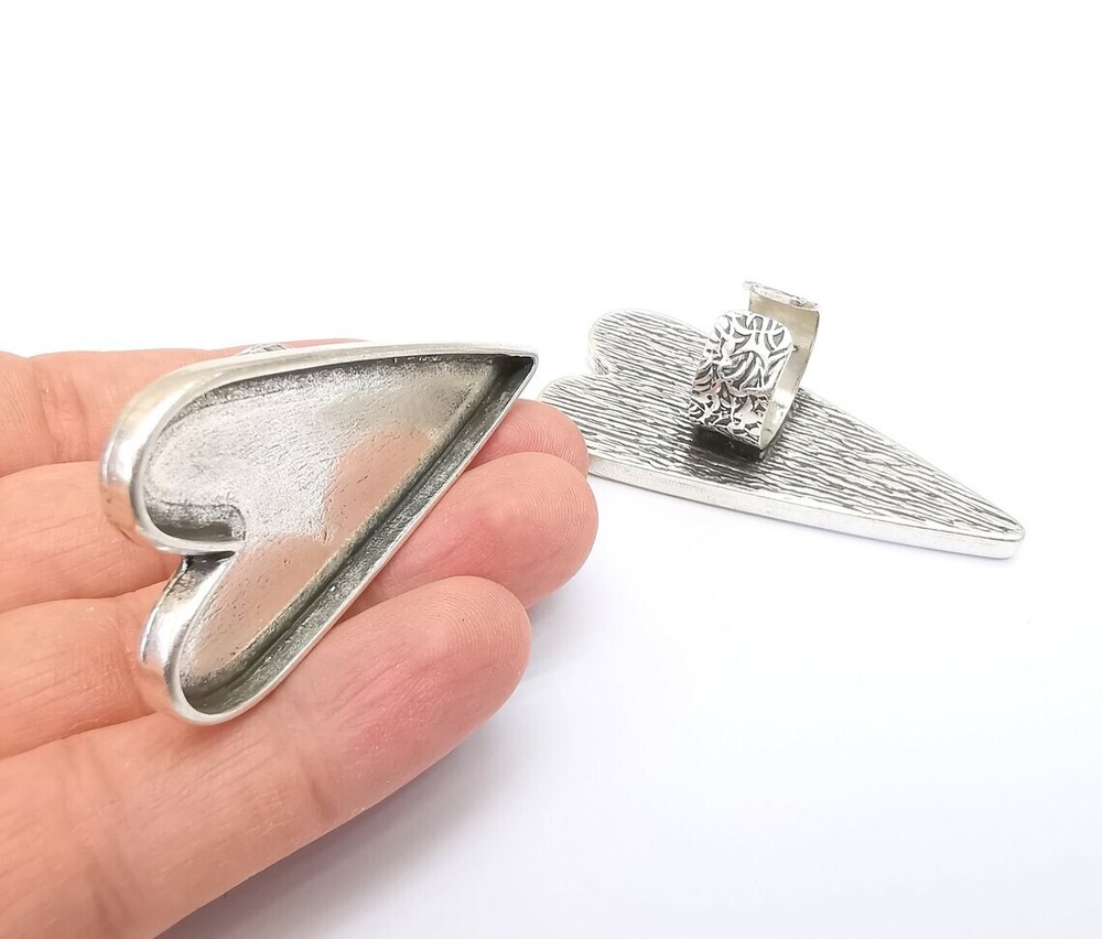 Large Heart Ring Blank Settings, Cabochon Mounting, Adjustable Antique Silver