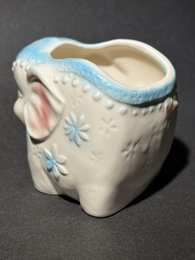 Vintage NARCO E-3350 Ceramic White/blue/pink Small Elephant Planter Pre-owned