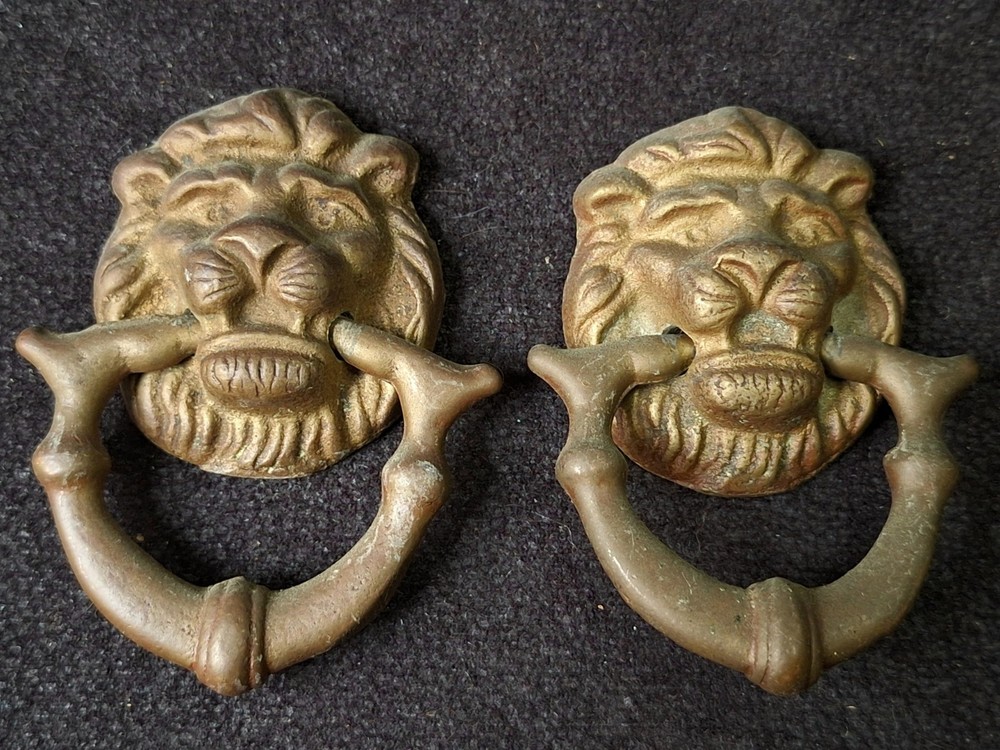 Antique Solid Brass Door Knocker Style Ring Drawer Pull with Lion's Face Pair