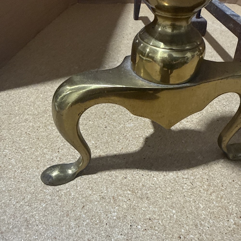 Vintage Solid Brass Fireplace Andirons Ball Finial Colonial Hearth Pair