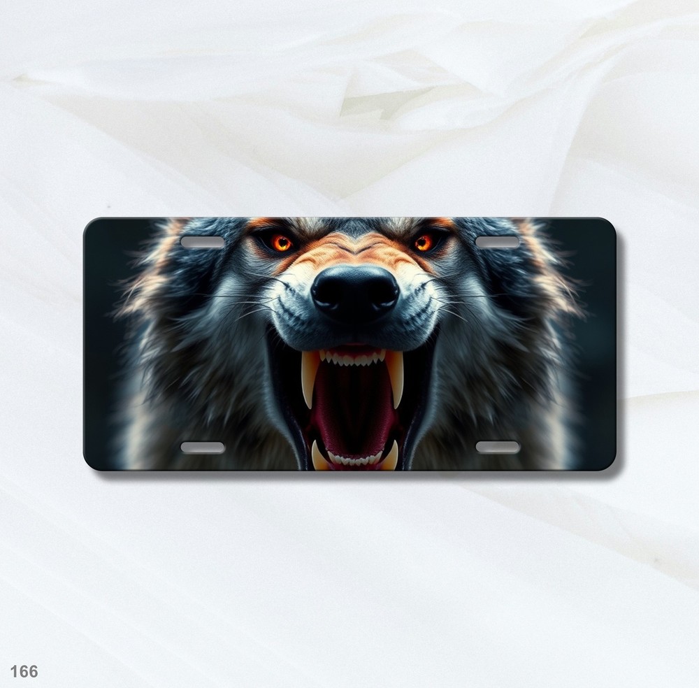 Hyperrealistic Wolf License Plate Snarling Design Optional Text Decorative Plate