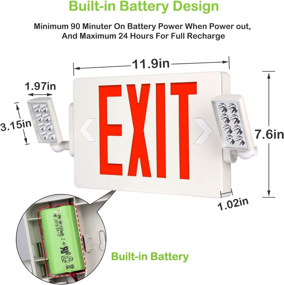 4 Pack LED Exit Sign Emergency Combo Light with Adjustable Two Head Battery UL