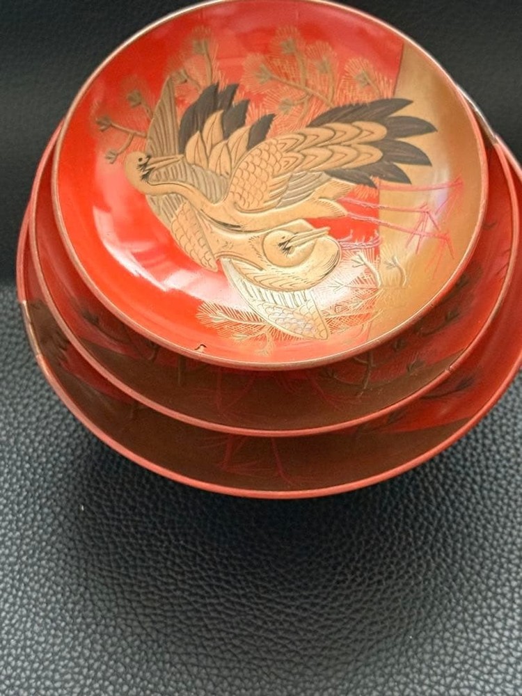 Unknown Brand Vintage Red Lacquerware Makie Crane Sake Cups 3pc Lidded Set