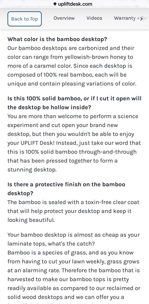 Uplift Desk Bamboo Desktop 48"x30" Rectangular With Grommets 1” Thick