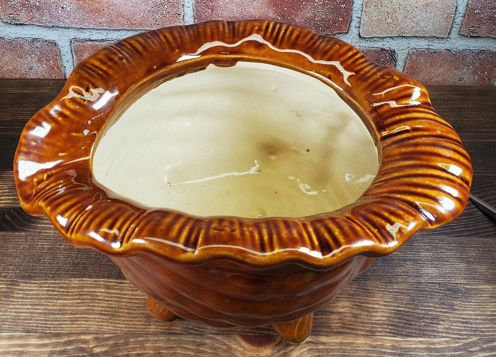 Vintage Brown Glazed Ceramic Conch Shell Planter, Seashell Nautical Decor