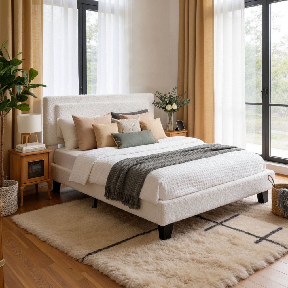 Bed Frame Full Size Upholstered Bed Frame with Adjustable Headboard Solid Wood