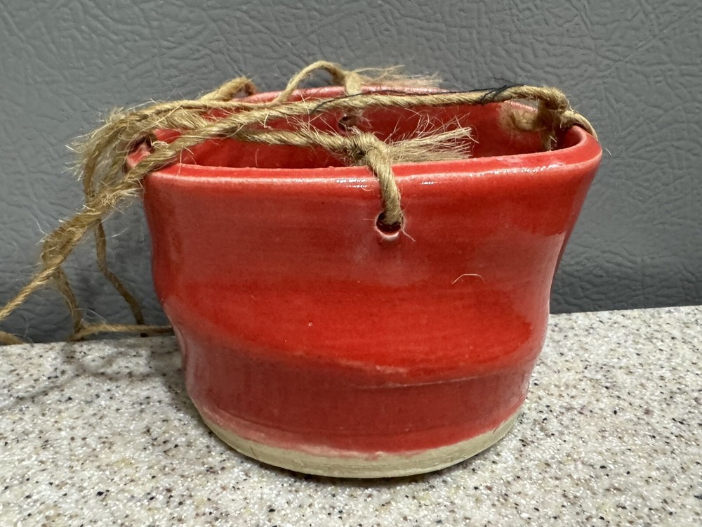 Small Hanging Handmade Pottery Planter Red 2.5”x4” Jute Twine Signed EUC!