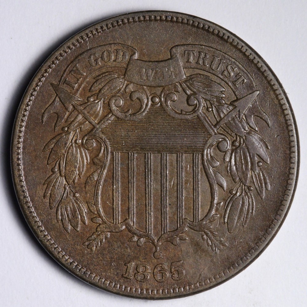 1865 PLAIN 5 Two Cent Piece AU E197 QUAFA