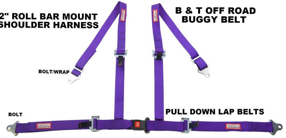 FOUR POINT SEAT BELT RACE 2" HARNESS PULL DOWN LAP BELTS ROLL BAR MOUNT PURPLE