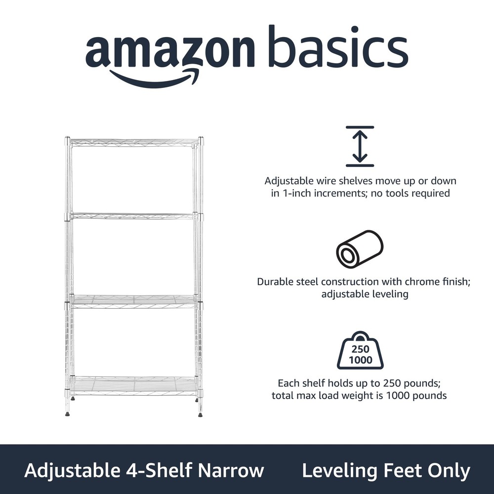 Amazon Basics 4-Shelf Adjustable Storage Shelving Unit, Steel Wire Rack, Chrome