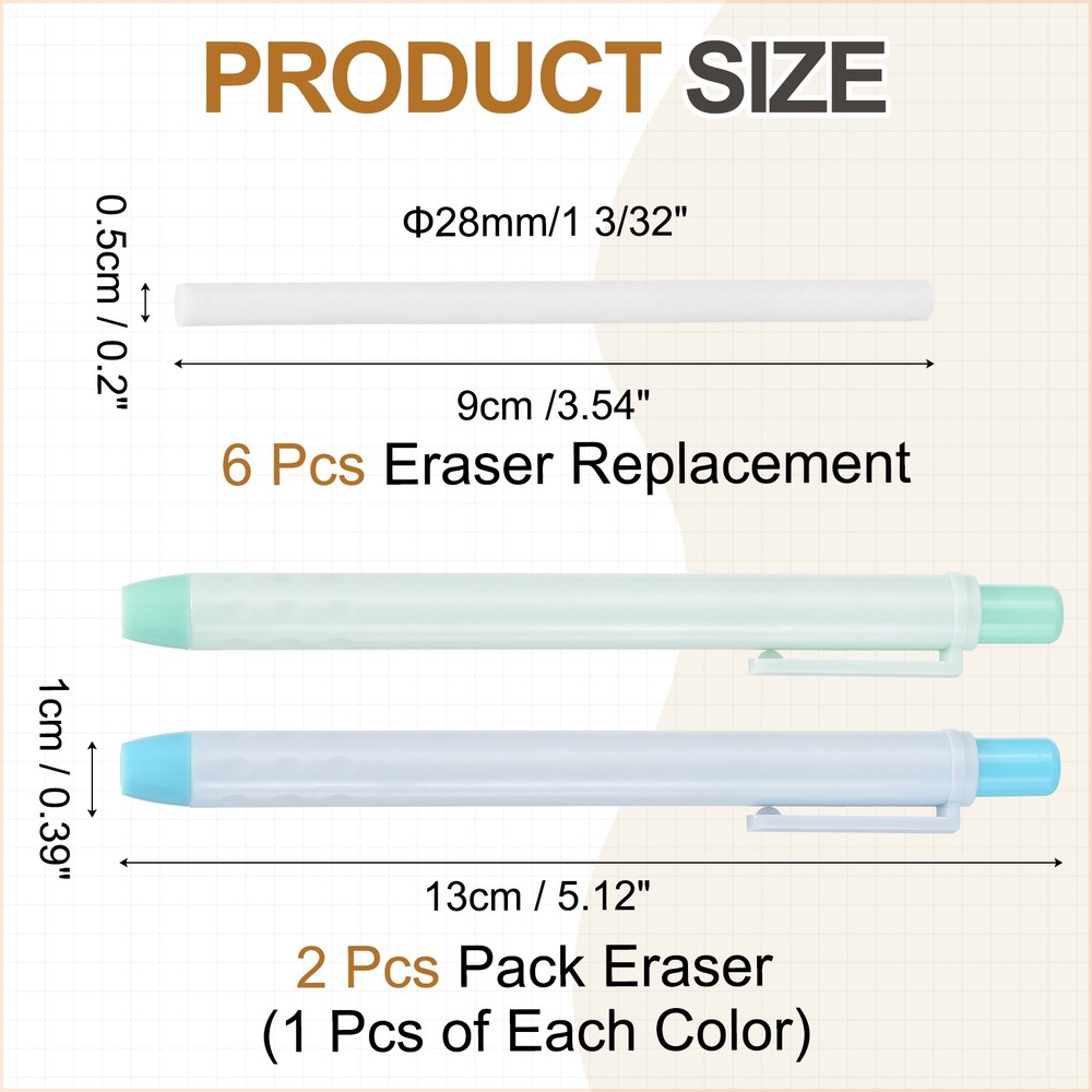 2+6Pcs Retractable Eraser Pen with 6Replacement Refill, Light Blue/Light Gray
