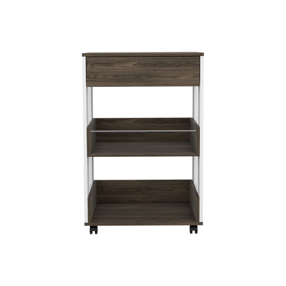 White and Dark Walnut 1-Drawer 2-Shelf Kitchen Cart with Caster