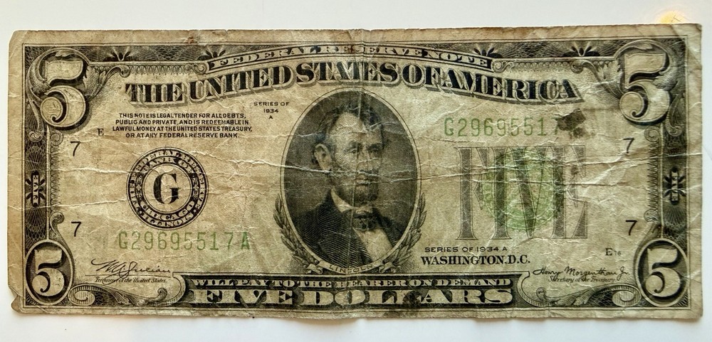 1934 US Five Dollar Bill Green Seal