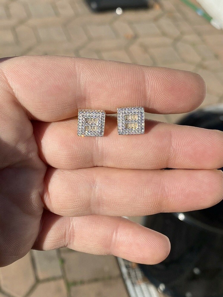 14k Gold Plated Solid Sterling Silver CZ Baguette Earrings Studs 10mm Square