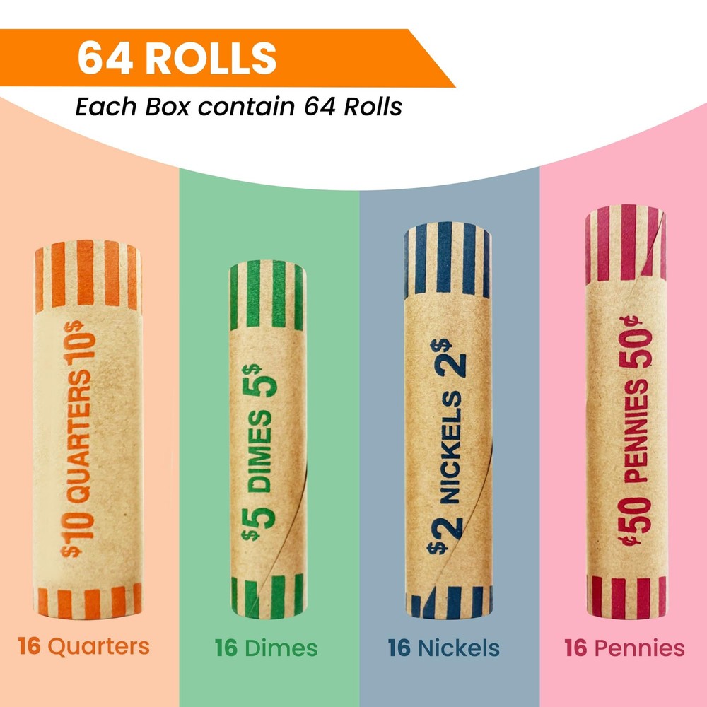 64 Pcs Preformed Coin Wrappers Rolls — Assorted Heavy Duty Rolls Wrappers