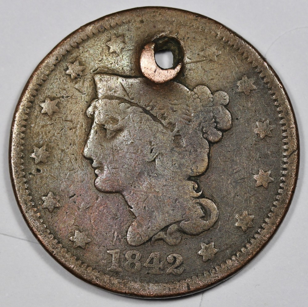 1842 Large Cent.  Holed.  212588