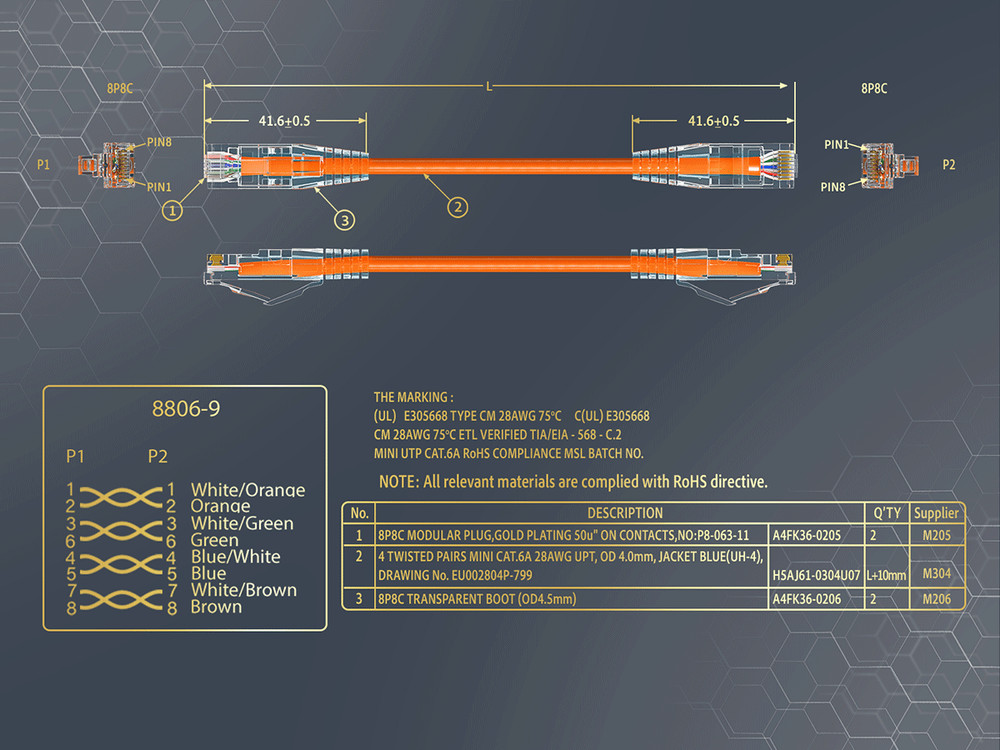 10ft Slim Cat6a 28AWG UTP Ethernet Network Patch Cable, Orange