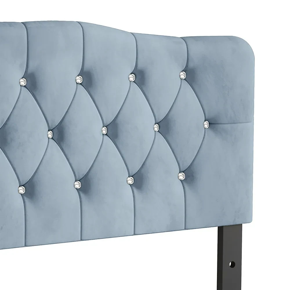 Upholstered Queen Size Headboard Only Light Blue Adjustable Hgt Diamond Tufted