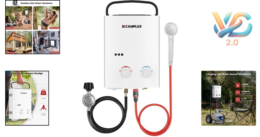 AY132 5L Portable Tankless Water Heater Outdoor Propane Shower Camping RV White