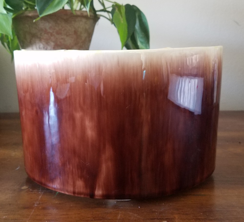 Mid Century Modern Two-Piece Brown & Yellow Ceramic Planter Half Rounds MCM