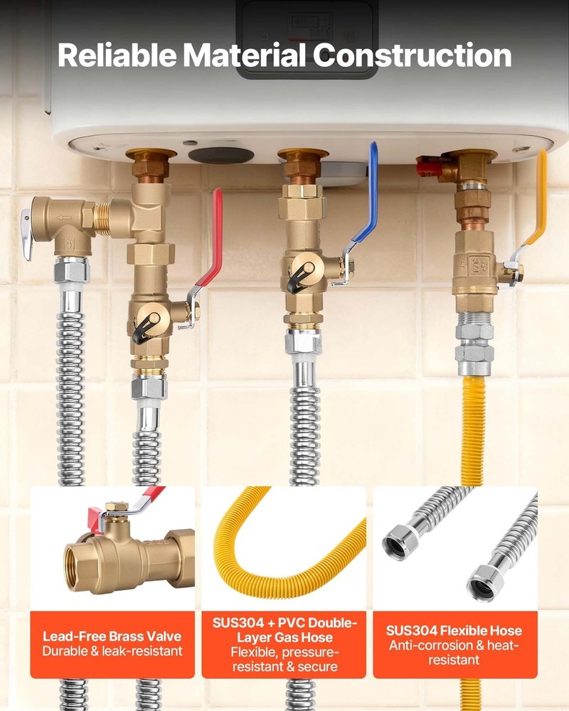 Water Heater Kit for Tankless Units: 3/4" Isolation Valves, Relief, Gas Hose
