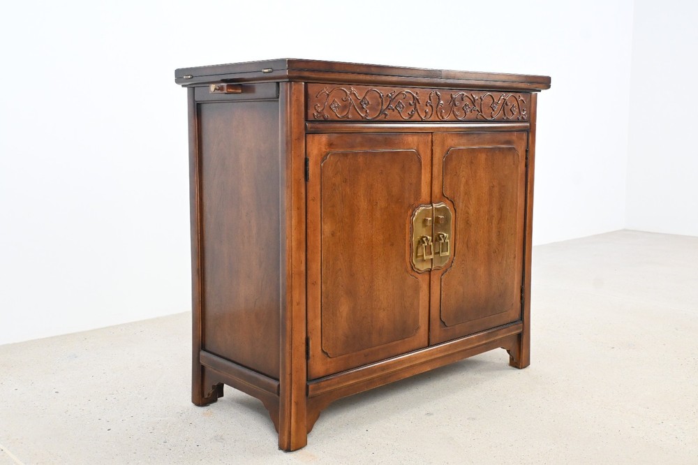 Henredon Hollywood Regency Chinoiserie Walnut Drop-Leaf Bar Cabinet Server