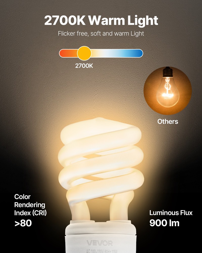 VEVOR 4-Pack CFL Light Bulbs 13W Compact Fluorescent Bulbs with 2700K Warm Light