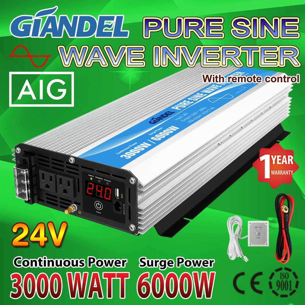 Pure Sine Power Inverter 3000W 24V to 110V-120V USA Transistor 4.5m-long remote
