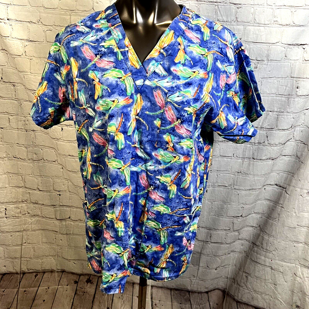 Peaches Uniform Size M Blue Multi Color Dragonflies Pockets Scrub