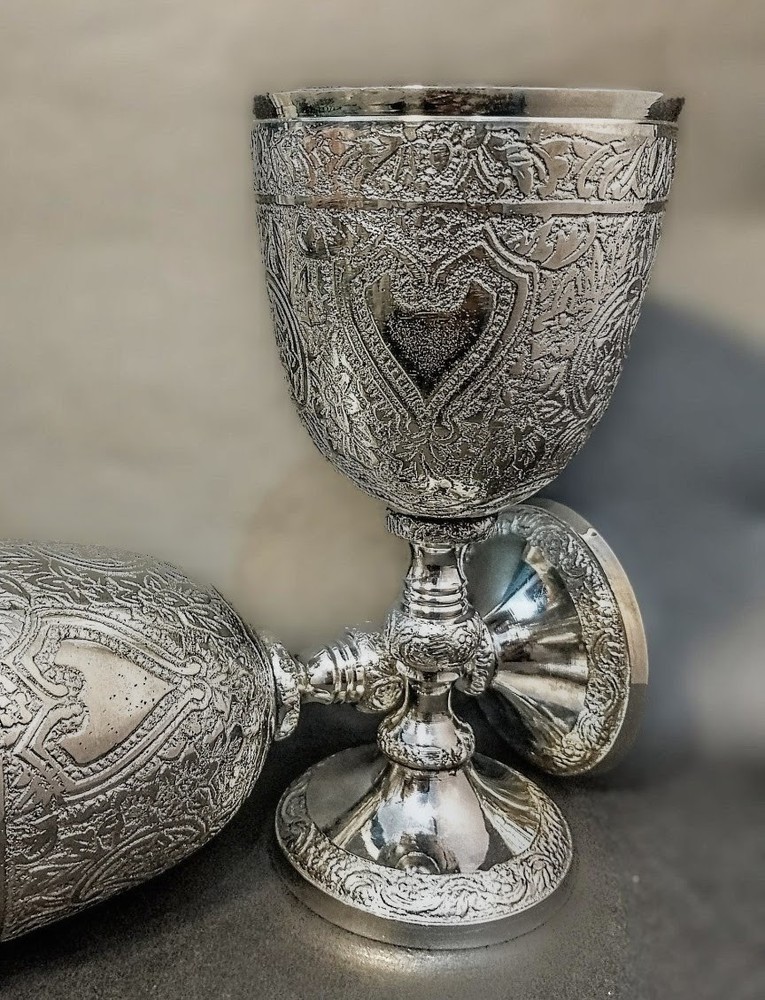 Antique Silver-Plated Ornate Brass Goblet Decorative Engraved Design