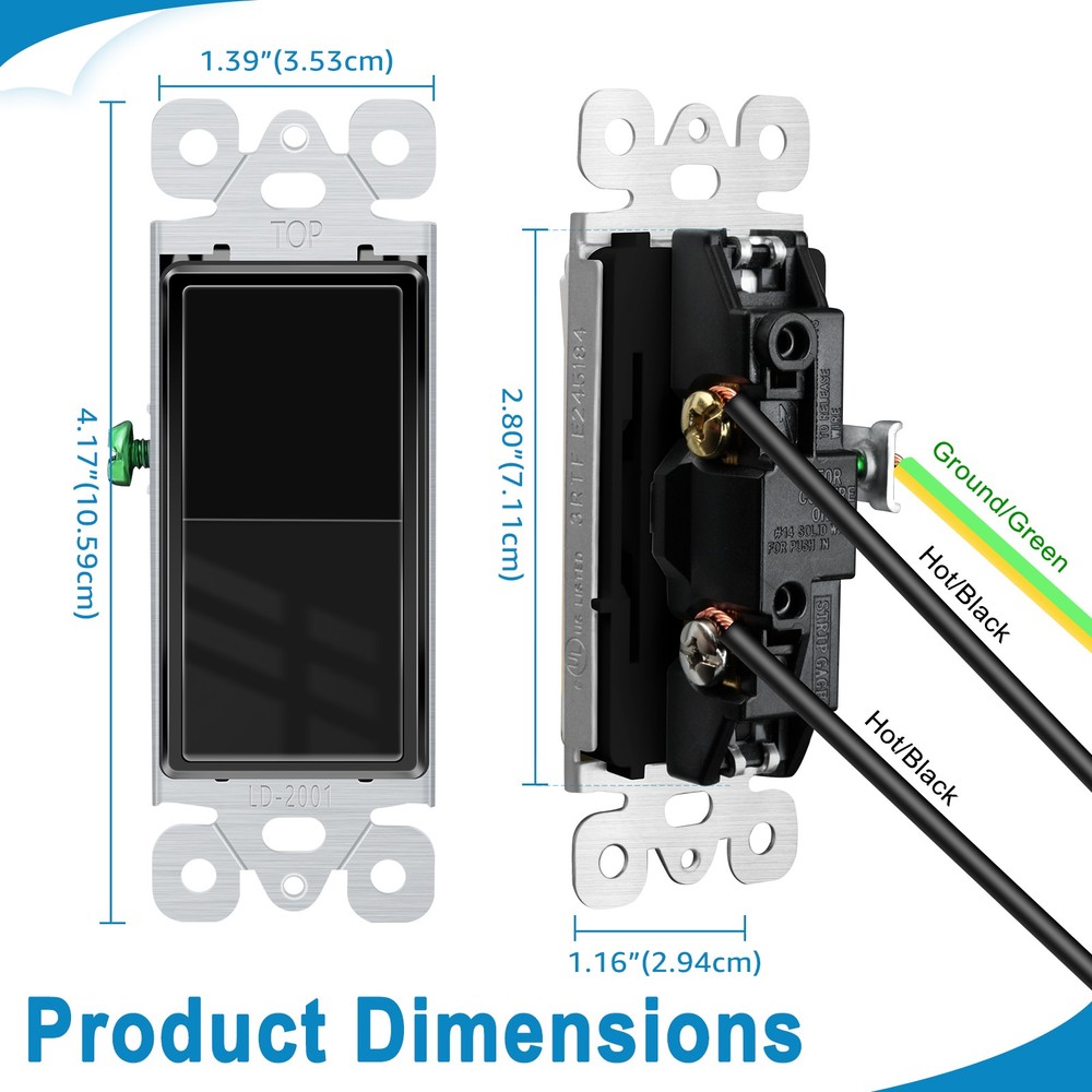 Black Single Pole Rocker Light Switch 15A Multi-Gang Compatible UL Listed 8PCS