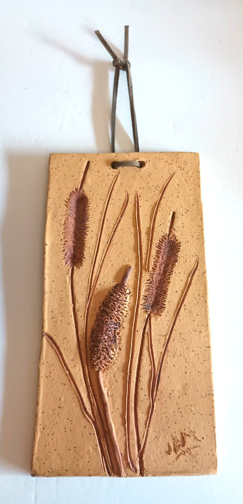 Studio Art Pottery Wall Hanging Tile MCM Design Cattails Signed