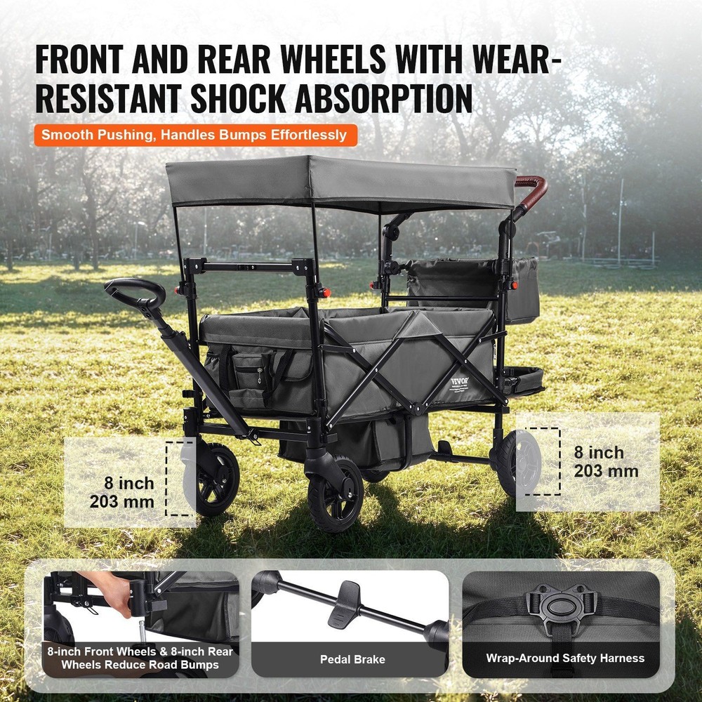 Robust Twin Seat Stroller 55lb Structural Strength Removable Top Cover Grey