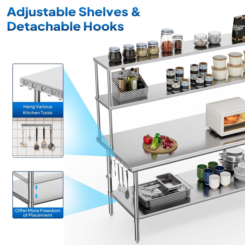 Heavy-Duty Metal Kitchen Prep Table with Removable Shelves & Detachable Hooks