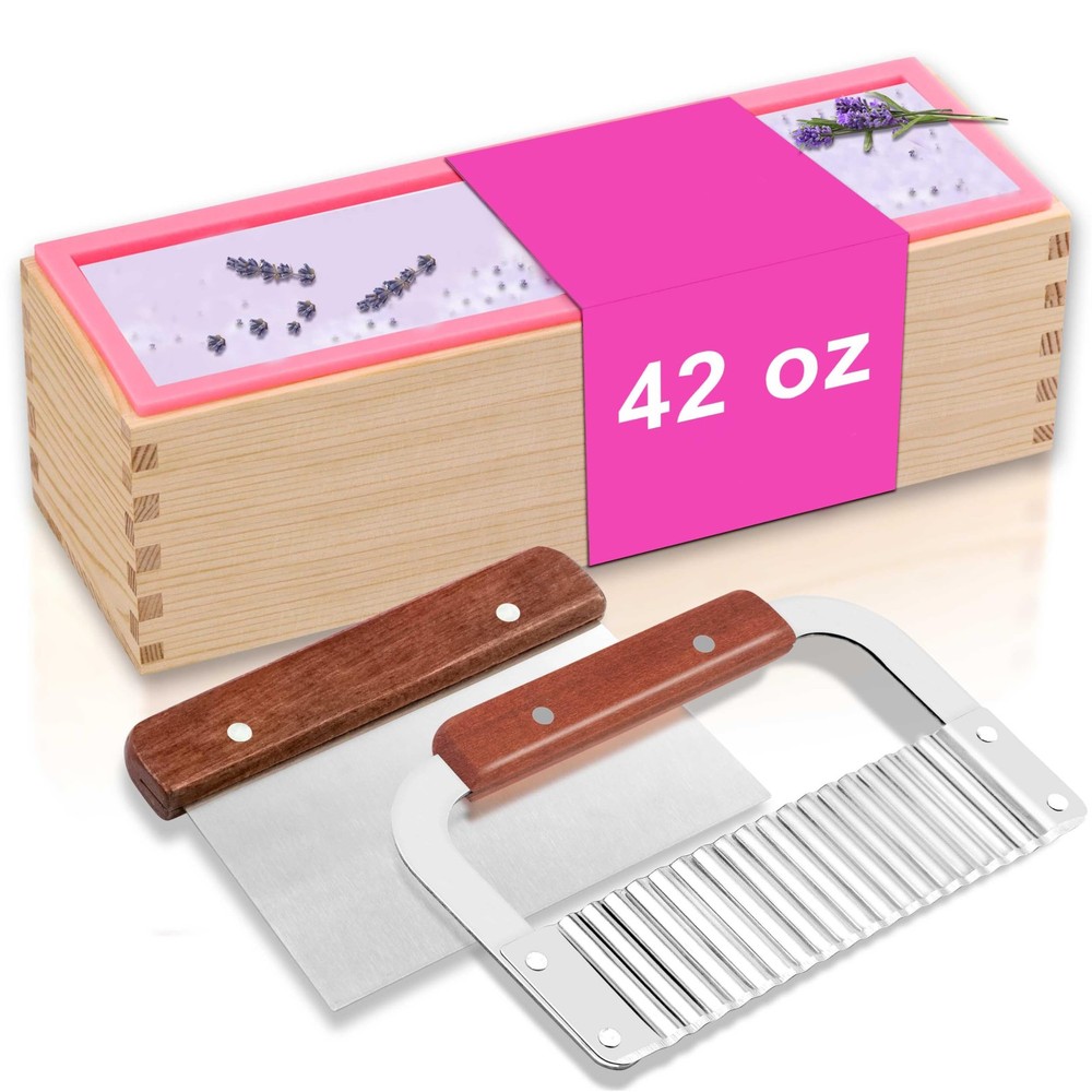 Soap Making Kit, Rectangular Silicone Mold 42oz, Wavy Cutter, Wood Box, Silver