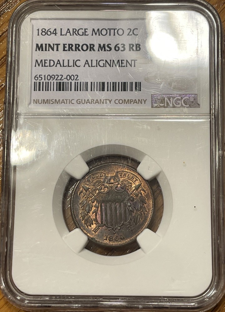 1864 Large Motto Two Cent Piece 2c NGC MS63RB Medallic Alignment